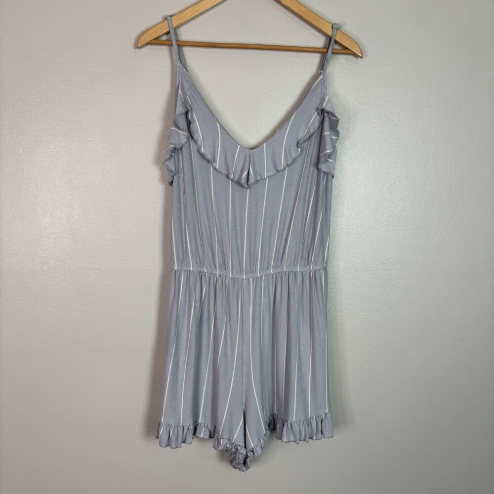 American Eagle Romper Medium Gray Striped Ruffle Elastic Waist Spaghetti Strap